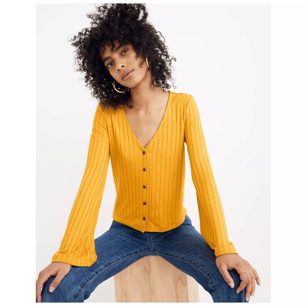 Madewell Bell-Sleeve Cardigan Button Down V-Neck Top in Mustard - Size M